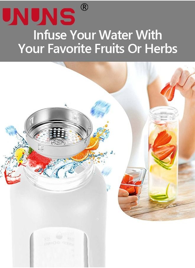 UNUNS 1L Motivational Glass Water Bottle with Time Marker & Silicone Sleeve &  Straw & Bamboo Lids & Fruit Infuser , Leak Proof Reusable BPA Free Motivational Drinking Jug Water Jug  - Image 3