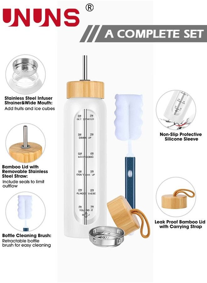UNUNS 1L Motivational Glass Water Bottle with Time Marker & Silicone Sleeve &  Straw & Bamboo Lids & Fruit Infuser , Leak Proof Reusable BPA Free Motivational Drinking Jug Water Jug  - Image 2