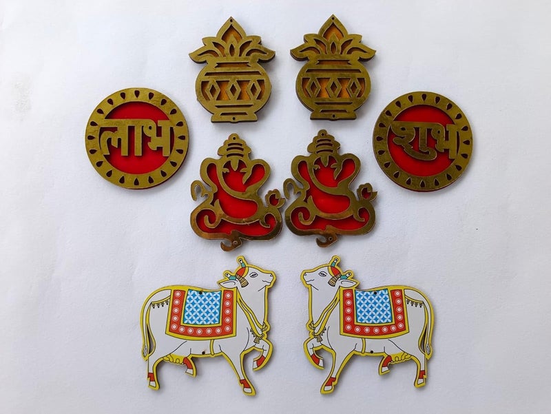 NNJ GROUP Decorative Ganeshji Shubh Labh Kalash MDF Pichwai Cow Cutouts for Temple and Festival Home Decor and Festival CelebrationEach of Cutout 2 Piece Pack of 8 Cutout - Image 5