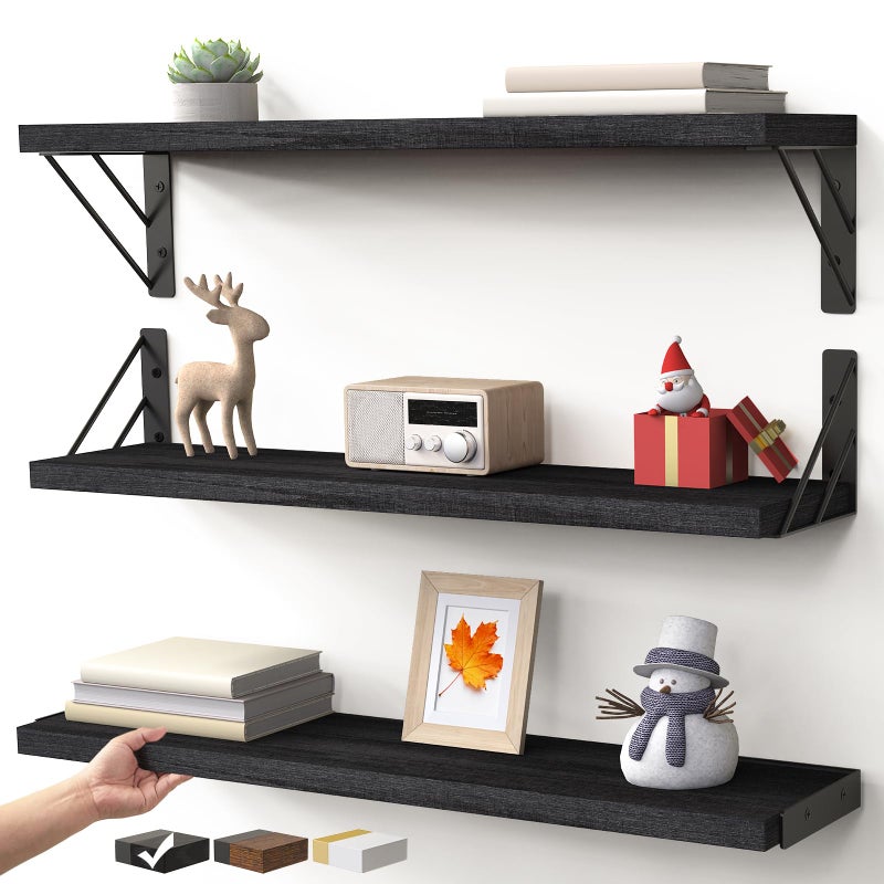 BAYKA Wall Mounted Floating Shelves, Wood Floating Wall Shelf for Books & Decor, Small Space-Saving Display & Organizerï¼ˆBlackï¼ŒSet of 3ï¼‰ - Image 1