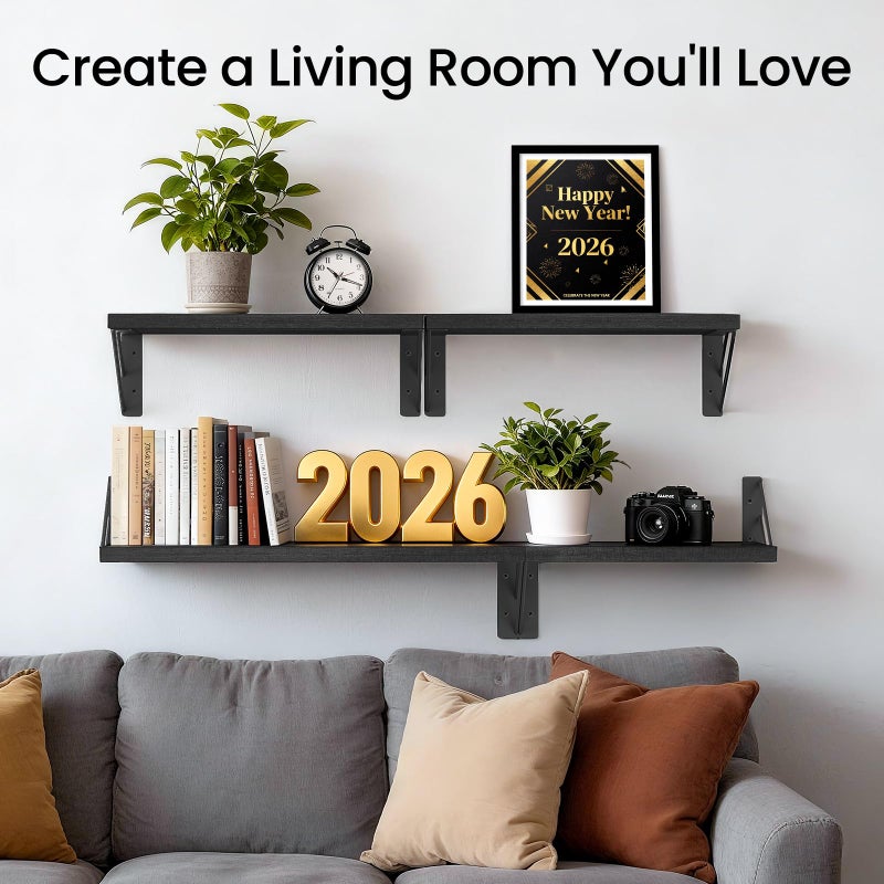 BAYKA Wall Mounted Floating Shelves, Wood Floating Wall Shelf for Books & Decor, Small Space-Saving Display & Organizerï¼ˆBlackï¼ŒSet of 3ï¼‰ - Image 2