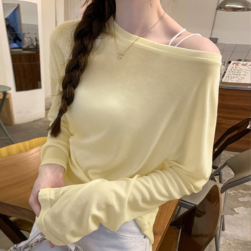 Skin-friendly Thin Long-sleeved Sunscreen Base Air Conditioning Blouse T-shirt Womens 2024 Early Autumn New Loose Lazy Style Top Yellow - Image 1