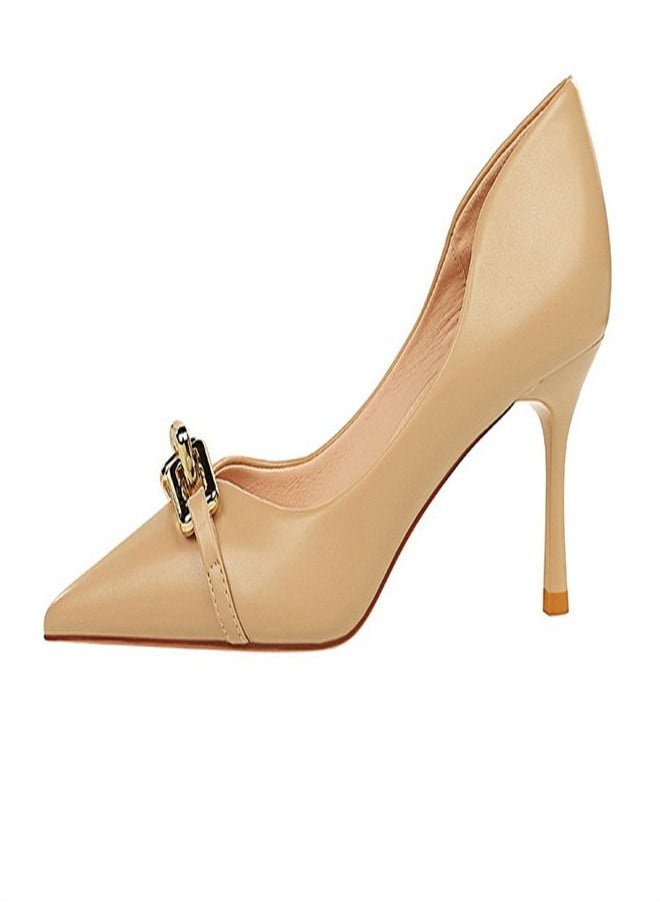 BIGTREE - Pointed Metal Buckle Decorative High Heels 7CM Beige - Image 1