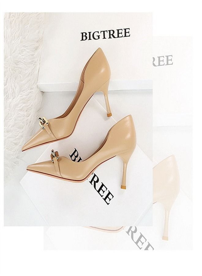 BIGTREE - Pointed Metal Buckle Decorative High Heels 7CM Beige - Image 1