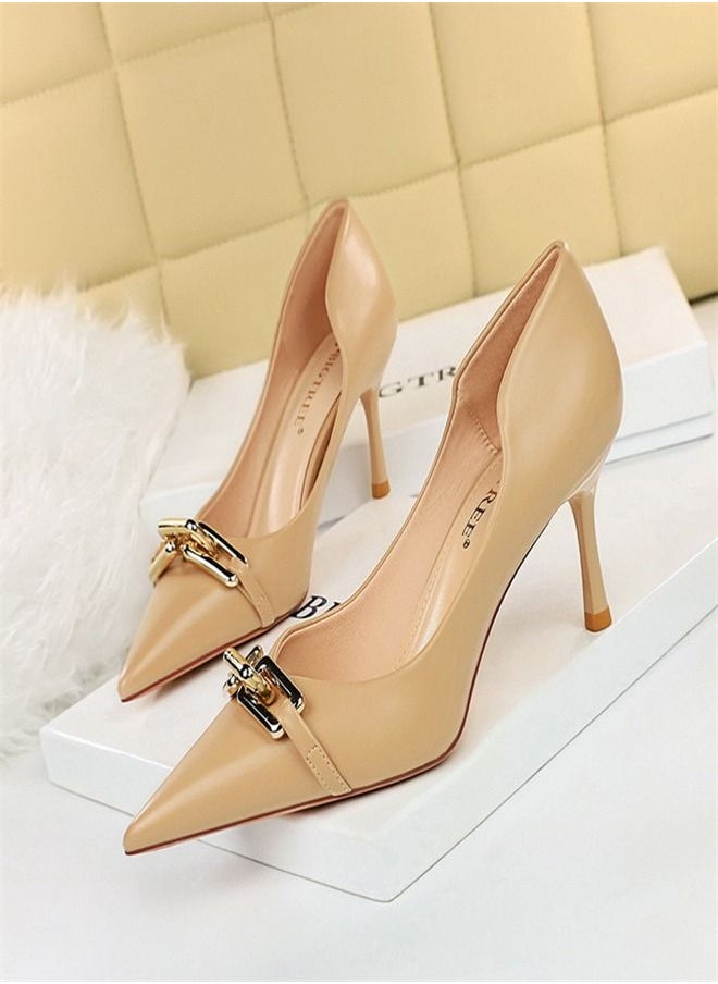 BIGTREE - Pointed Metal Buckle Decorative High Heels 7CM Beige - Image 1