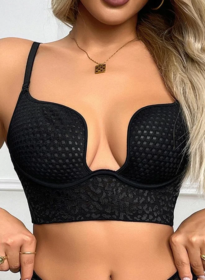 Take Two Black Texture Padded Wired Longline Push Up Bra