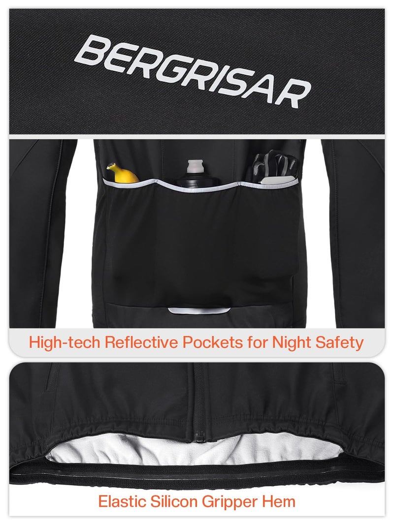 BERGRISAR Winter Cycling Jacket for Men with 6 Pockets Windproof Thermal Softshell Bike Jacket Running Windbreaker Black X-Large - Image 5