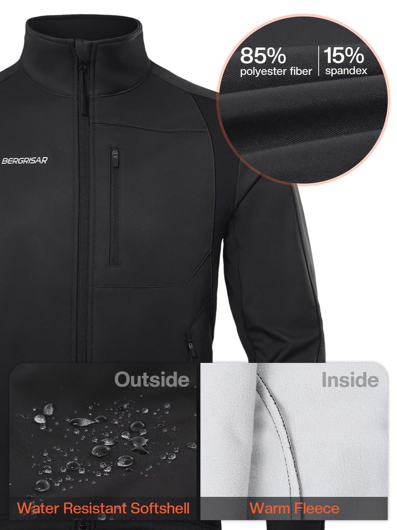 BERGRISAR Winter Cycling Jacket for Men with 6 Pockets Windproof Thermal Softshell Bike Jacket Running Windbreaker Black X-Large - Image 3