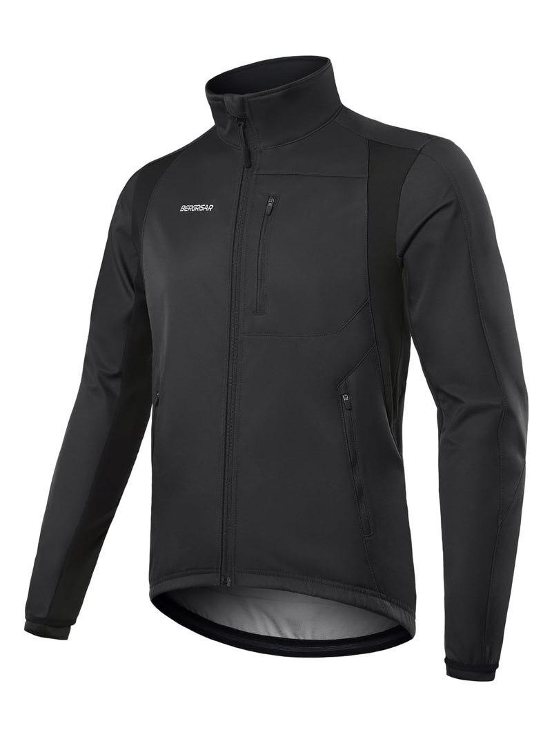 BERGRISAR Winter Cycling Jacket for Men with 6 Pockets Windproof Thermal Softshell Bike Jacket Running Windbreaker Black X-Large - Image 1