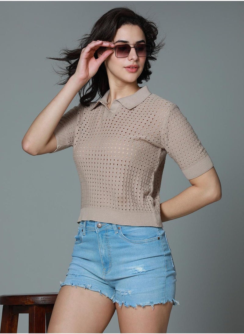 Regular Fit Brown Crochet Top for Women with Spread Collar - pzsku/Z440E20547136D1014E40Z/45/_/1727952674/14b97ab3-b5e0-4b81-be37-e04e4d0c514a