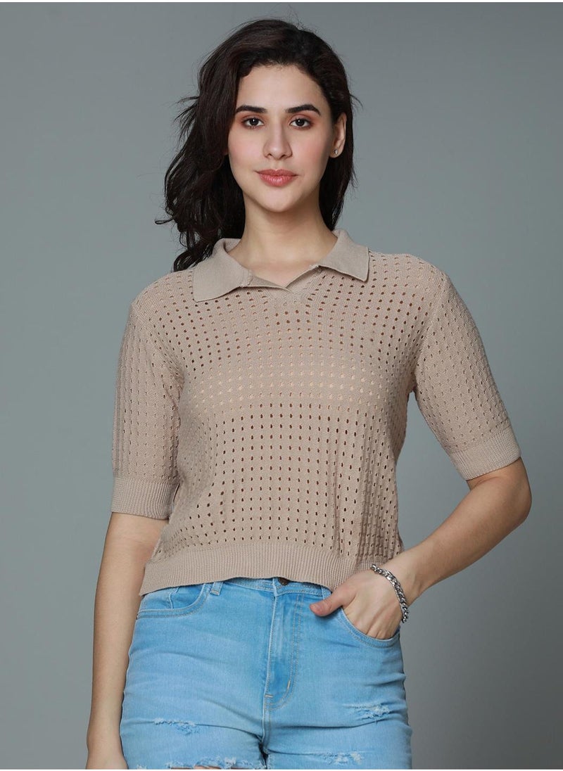 HIGH STAR - Regular Fit Brown Crochet Top for Women with Spread Collar - Image 1