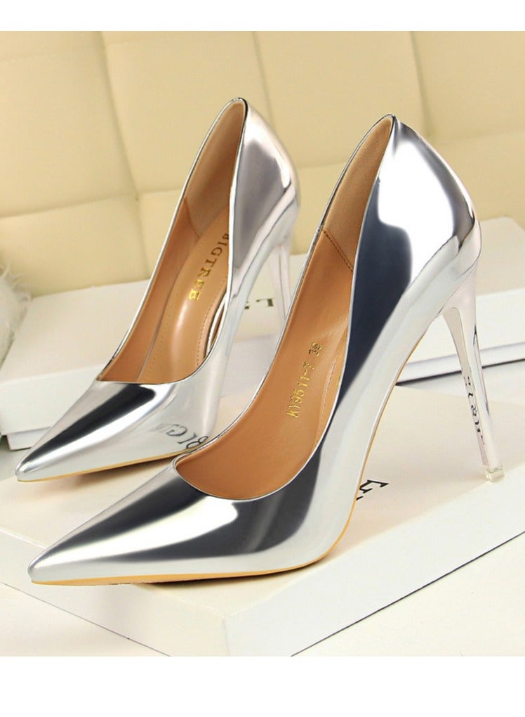 بيج تري Women's Comfortable Shiny Stiletto Pumps 10.5cm Elegant Gorgeous Closed Pointed Toe Slip On Solid High Heels Silver - Image 1