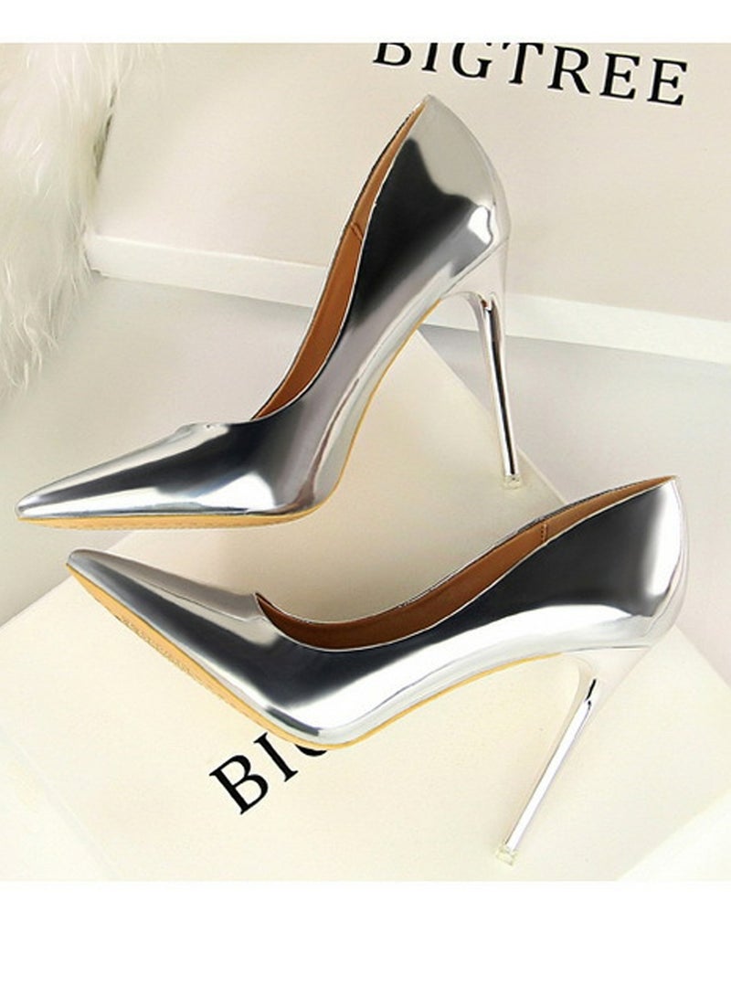 بيج تري Women's Comfortable Shiny Stiletto Pumps 10.5cm Elegant Gorgeous Closed Pointed Toe Slip On Solid High Heels Silver - Image 2