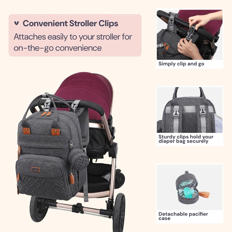 BabbleRoo Diaper Bag Backpack - Baby Essentials Travel Tote - Multi Function Waterproof Diaper Bag, Travel Essentials Baby Bag with Changing Pad, Stroller Straps & Pacifier Case - Unisex, Dark Gray - Image 5