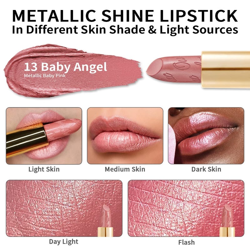 Oulac Light Pink Lipstick for Women with Metallic 3D Shine Lightweight Hydrating Formula, High Impact Lip Color, Vegan Beauty, Full Coverage Lip Makeup, Christmas Gifts for Women, Baby Angel(13) - Image 5