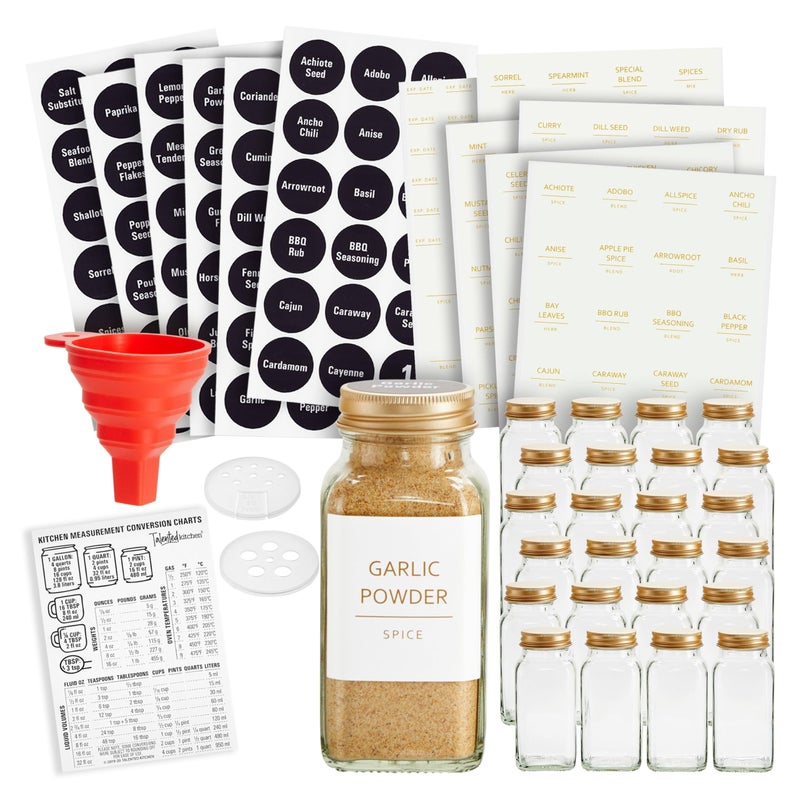 Talented Kitchen Spice Jars - 24-Pack 6 oz Glass Jars with Gold Shaker Lids - 328 Preprinted Labels & Silicone Funnel - Seasoning Organizer for Kitchen Storage