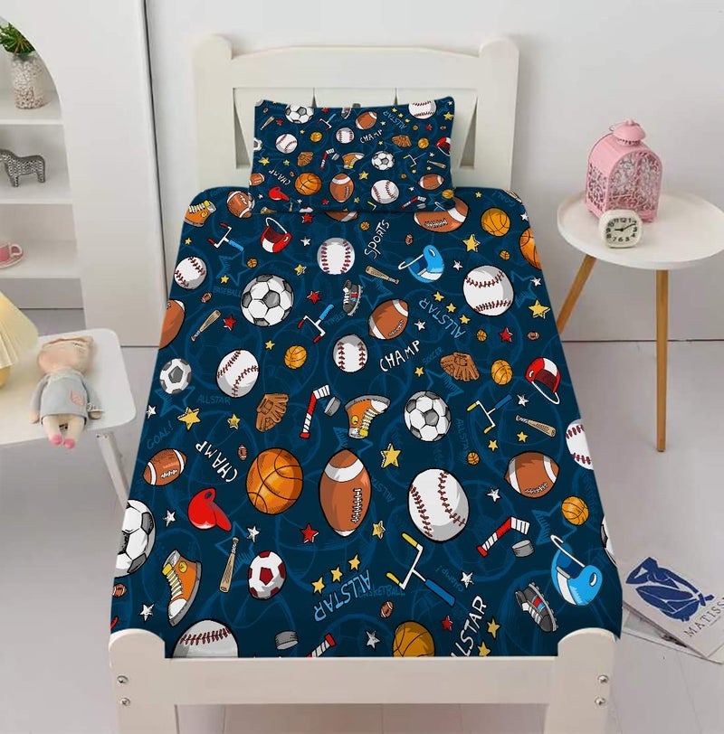Gusuhome Boys Sports Fitted Sheet Twin Size 3D Soccer Basketball Baseball Football Bedding for Kids Teens Bedroom Comfy Deep Pocket Bed Sheet Set Decorative for Sports Fans Blue - Image 1