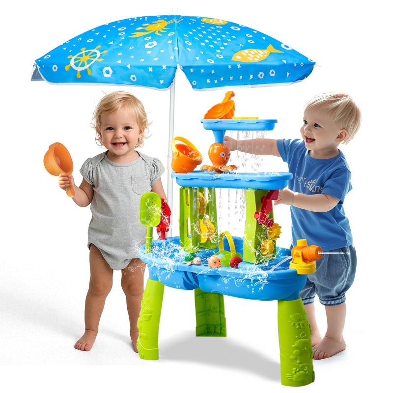 AuntyFey Water Table for Toddlers 1-3-5, Toddler Sand Table, Kids Water Table with Umbrella for Outside Kids Ages 4-8, Blue - Image 1