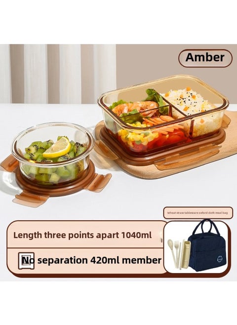 Glass Lunch Box With Rice Separator Bowl Glass Preservation Box Microwave Heating Lunch Box For Students Office Student Lunch Box-Specifications:1040 Long, Three Compartments + Round 420 + Bear Meal Bag + Wheat Straw Tableware-Color:Brown Borosilicate Glass
