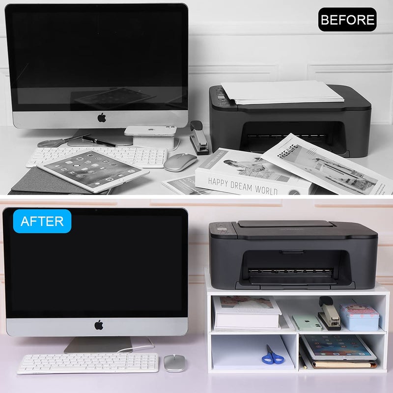 EMERIT Printer Stand for Desk - 2 Tier Desktop Printer Stand with Paper Storage, Printer Riser Organizer for Home Office, Holds up to 30 lbs, White - Image 2