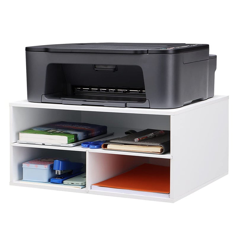 EMERIT Printer Stand for Desk - 2 Tier Desktop Printer Stand with Paper Storage, Printer Riser Organizer for Home Office, Holds up to 30 lbs, White - Image 1