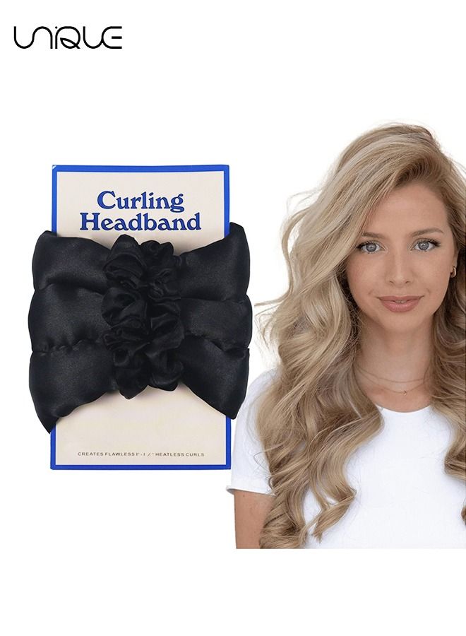 يونيك مجموعة تجعيد الشعر بدون حرارة - طوق رأس مجعد من الساتان للطبيعي - النوم في أداة تصفيف ليلية مع (أسود) - Image 1
