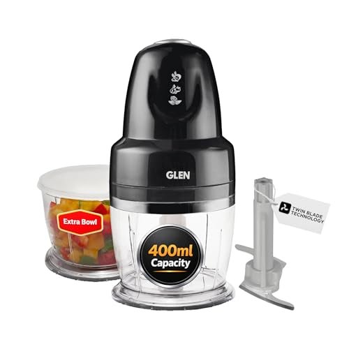 Glen Electric Chopper for Kitchen, 400ml Bowl, 250W Mini Fruit & Vegetable Cutter with Rust-Resistant Stainless Steel Blades, Extra Bowl, Whisker Disc, Chops Onion & Nuts - Black (SA4043PLUSBLK) - Image 1