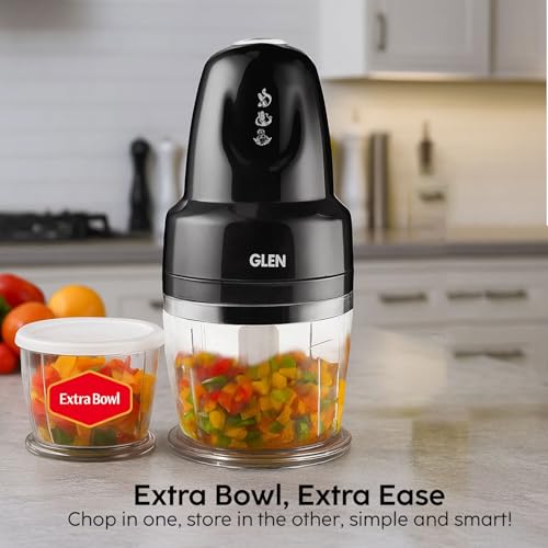 Glen Electric Chopper for Kitchen, 400ml Bowl, 250W Mini Fruit & Vegetable Cutter with Rust-Resistant Stainless Steel Blades, Extra Bowl, Whisker Disc, Chops Onion & Nuts - Black (SA4043PLUSBLK) - Image 3
