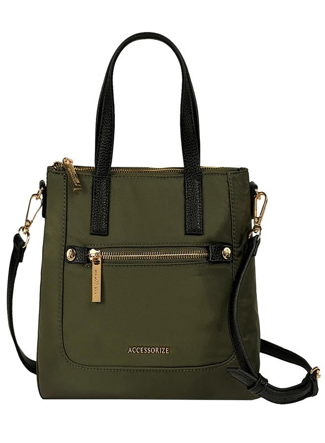 Accessorize London Women's Olive Green Kylie Nylon Tote | water-resistant Mini Shoulder Bag with Detachable Sling Strap | Stylish Casual & Travel Handbag - Image 1