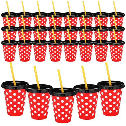 Sliner 24 Pcs 16 oz Reusable Plastic Cups Themed Plastic Tumbler with Lid and Straw Drinking Cup for Birthday Party Supplies FavorsMouse - Image 1