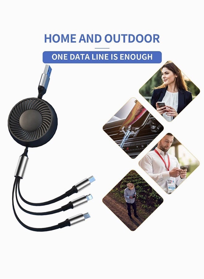 3-in-1 USB Charging Cable, Multi Retractable to USB Cable Type C Sync Fast Charging Cord, USB Charging Cable for IP, Micro-USB, Compatible with Cell Phones Tablets for Samsung LG iPhone, 2Pcs - Image 1