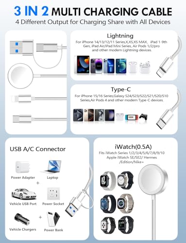 xiwxi Travel Essentials for Apple Watch Charger,iPhone Charger,3 in 2 Type C/L/Magnetic Fast Charging Cable,Multi Charging Cable Portable Designed for iWatch Series,iPhone 17-11,Galaxy S26-S21,Car-5FT - Image 2