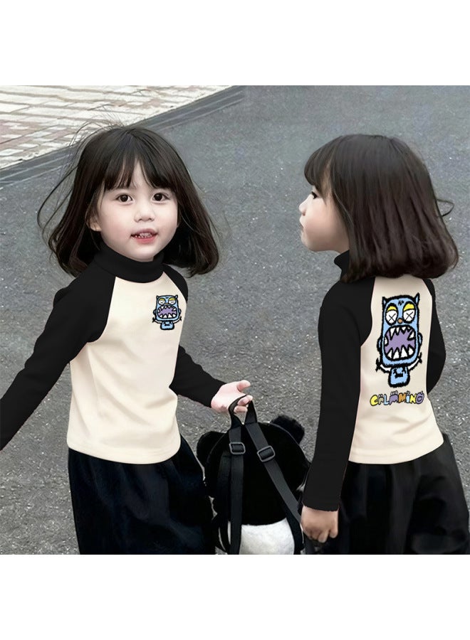Girls' Thermal Base Layer Top Autumn And Winternew Style For Older Children, Half Turtleneck, Warm Inner Layer, Color-blocking Long Sleeves