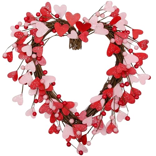 Skrantun 15 Inch Valentine's Day Wreath for Front Door Red Pink Heart Wreaths with Berries Valentine's Day Decorations Valentine's Day Gift for Anniversary Wedding Party Wall Home Indoor Decor - Image 1