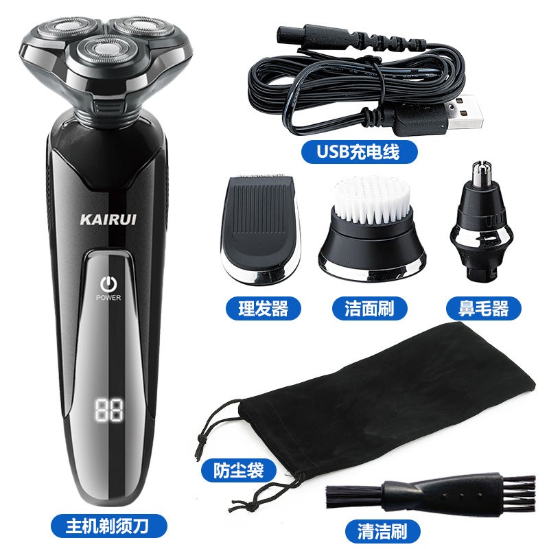 4D floating three-blade electric shaver for men cross-border full body washable shaver multi-function rechargeable wholesale black usb interface + shaving head + face wash head + nose hair head + sideburn head - Image 3