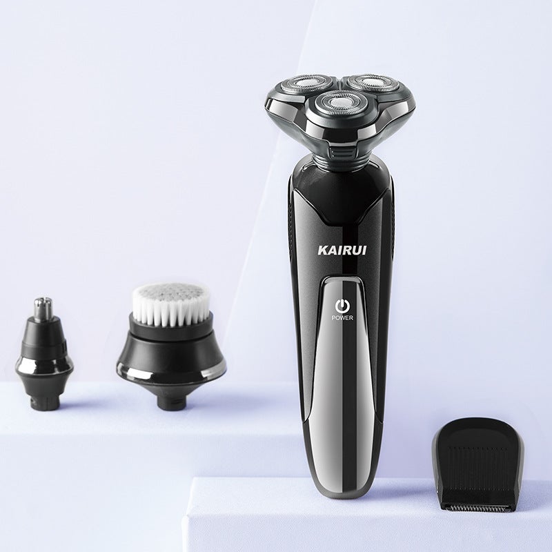 4D floating three-blade electric shaver for men cross-border full body washable shaver multi-function rechargeable wholesale black usb interface + shaving head + face wash head + nose hair head + sideburn head - Image 1