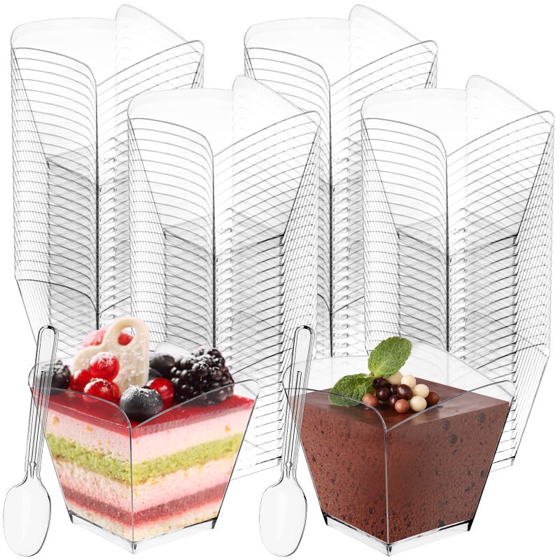 ZENFUN 100 Pack Mini Dessert Cups with Spoons 4 oz Clear Plastic Parfait Appetizer Cups Small Reusable Shooter Square Mini Appetizer Cups for Mousse Cake Parties Wedding Tasting Puddings