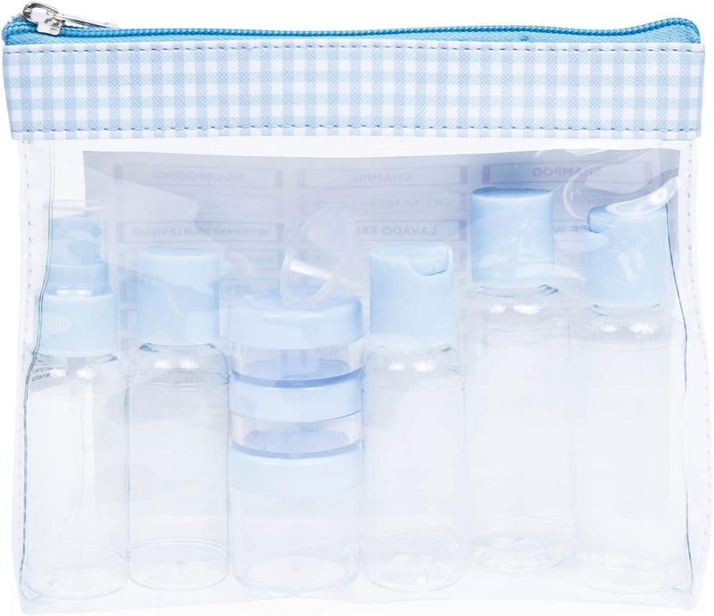 Miamica Womens TSA Compliant Travel Bottles and Toiletry Bag Kit 12 Piece Blue GinghamClear One Size - Image 1