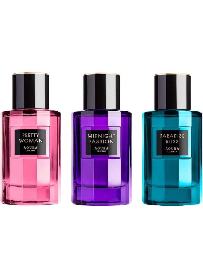 Aoura London Aoura London Eau de Parfum Bundle | 100ml x 3 | Includes Midnight Passion, Pretty Woman & Paradise Bliss | Long-Lasting Perfume Set with Floral, Sweet & Sensual Scents  - Image 1