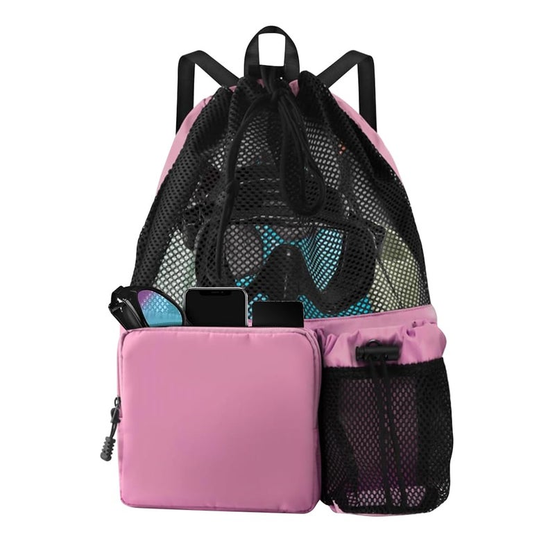 HANNEA® Drawstring Backpack 30L Big Mesh Backpack Sports Riding Backpack Lightweight Water Resistant String Bag Multifunctional Outdoor Bag for Adults, Holiday, Swimming, Beach - Pink - Image 1