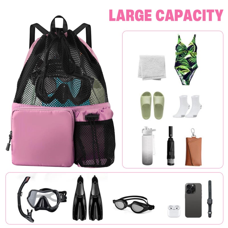 HANNEA® Drawstring Backpack 30L Big Mesh Backpack Sports Riding Backpack Lightweight Water Resistant String Bag Multifunctional Outdoor Bag for Adults, Holiday, Swimming, Beach - Pink - Image 4