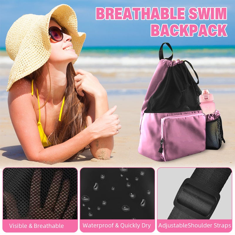 HANNEA® Drawstring Backpack 30L Big Mesh Backpack Sports Riding Backpack Lightweight Water Resistant String Bag Multifunctional Outdoor Bag for Adults, Holiday, Swimming, Beach - Pink - Image 5