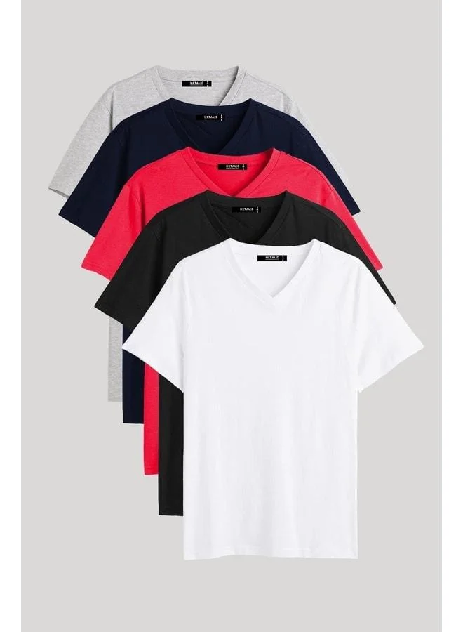 Men's Multi-Colored 100% Cotton T-Shirt Regular Fit Comfortable Cut V-Neck 5-Piece Basic T-Shirt Pack