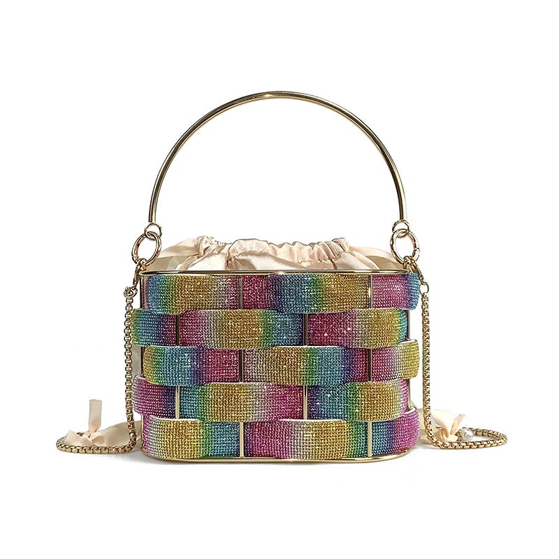 Bucket Bag Women'S Women'S Bag Portable Bird Cage Bag Woven Vegetable Basket Bag High-End Rhinestone Bag - Image 1