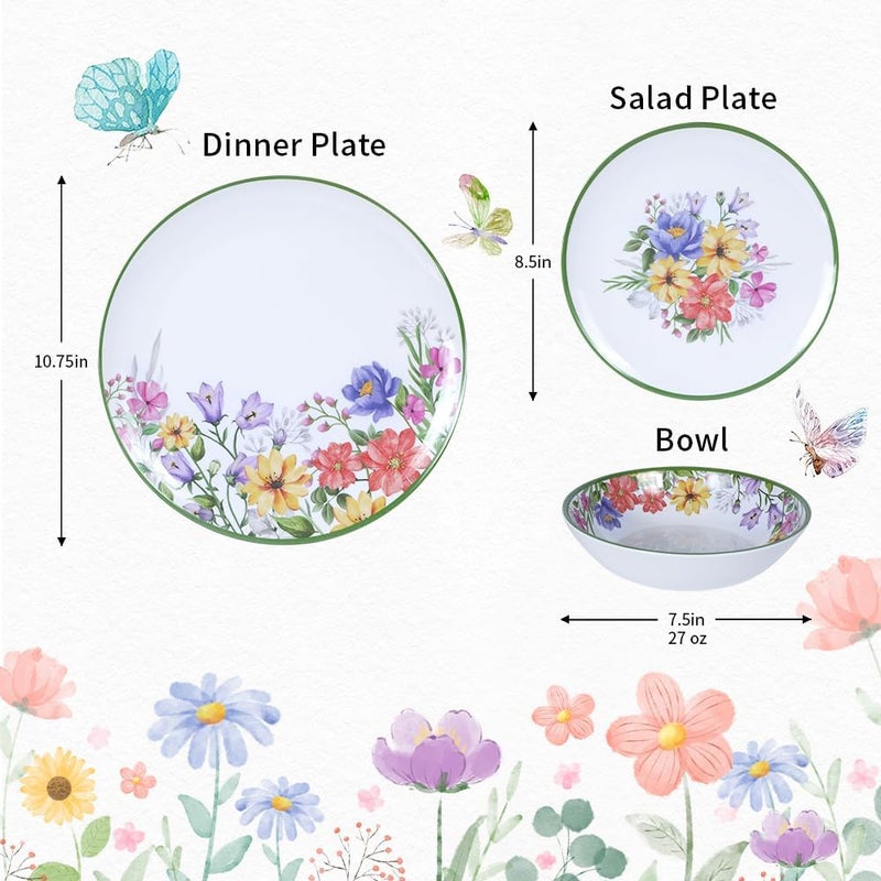 Lechoo 12 Piece Melamine Dinnerware Sets  Plates And Bowls Sets Floral Dinnerware Sets  Spring Camping Dishs Indoor Outdoor Use Flowers Dinner Plates - Image 3