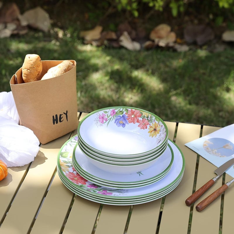 Lechoo 12 Piece Melamine Dinnerware Sets  Plates And Bowls Sets Floral Dinnerware Sets  Spring Camping Dishs Indoor Outdoor Use Flowers Dinner Plates - Image 4