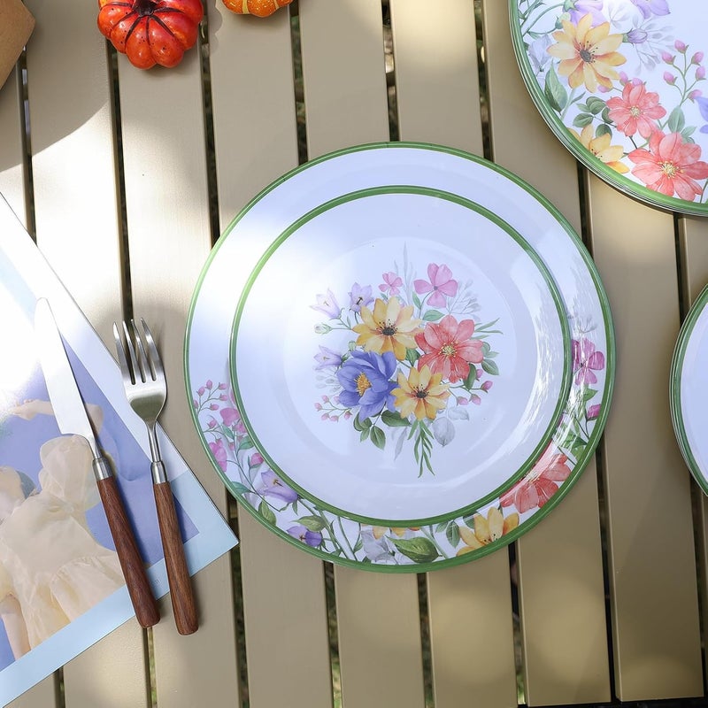Lechoo 12 Piece Melamine Dinnerware Sets  Plates And Bowls Sets Floral Dinnerware Sets  Spring Camping Dishs Indoor Outdoor Use Flowers Dinner Plates - Image 2