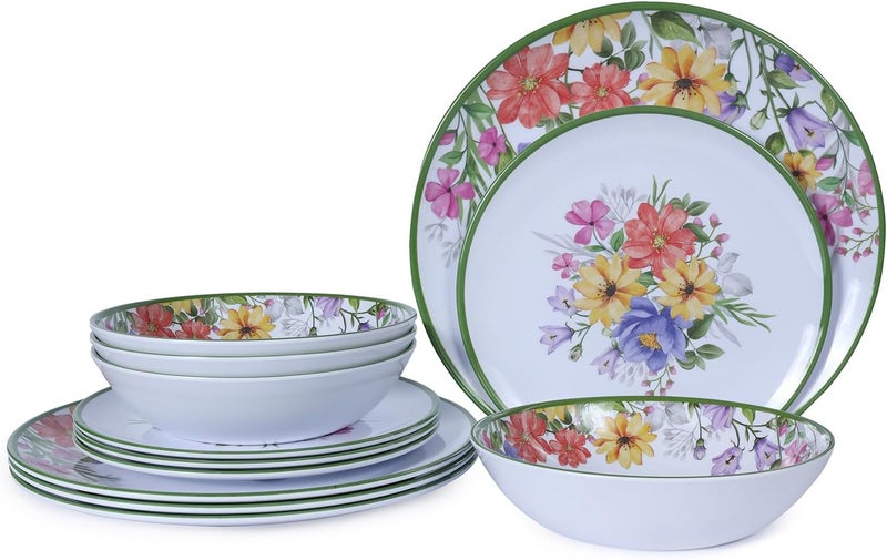 Lechoo 12 Piece Melamine Dinnerware Sets  Plates And Bowls Sets Floral Dinnerware Sets  Spring Camping Dishs Indoor Outdoor Use Flowers Dinner Plates - Image 1