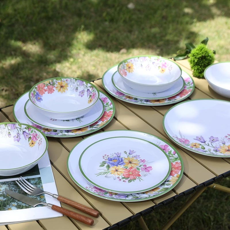 Lechoo 12 Piece Melamine Dinnerware Sets  Plates And Bowls Sets Floral Dinnerware Sets  Spring Camping Dishs Indoor Outdoor Use Flowers Dinner Plates - Image 5