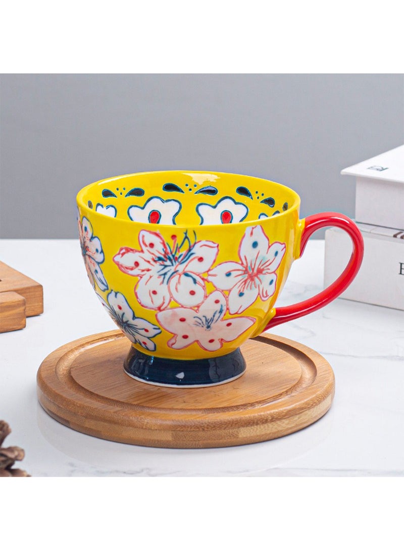 Ceramic Coffee Mug, Flower-Painted Underglaze Cup, Multipurpose Drinkware for Juice, Milk, Oatmeal, Oven, Dishwasher and Microwave Safe, 500ml (Yellow) - Image 2